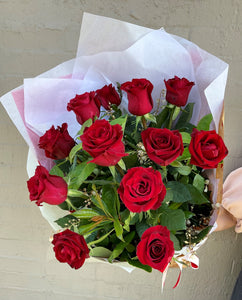 12 Long Stem Red Roses with Foliage Bouquet