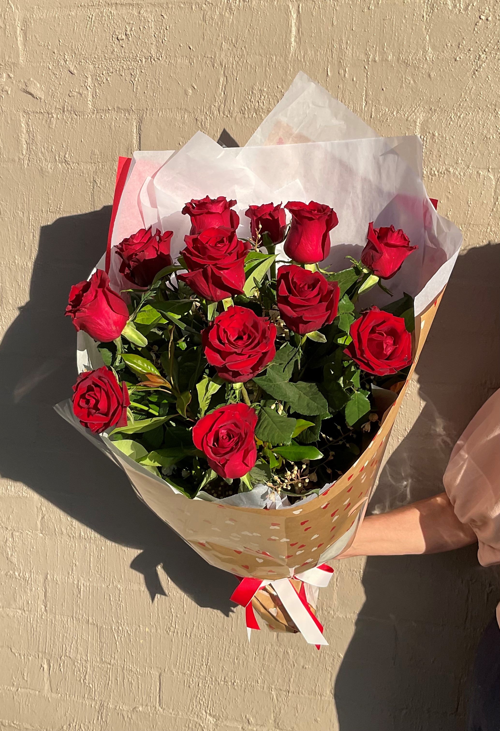 12 Long Stem Red Roses with Foliage Bouquet